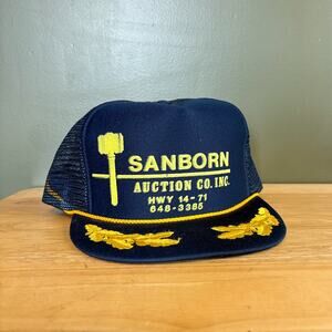 Vintage Sanborn Auction Co Inc Navy Yellow Gavel Logo Mesh Trucker Snapback Hat